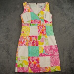 VTG Lilly Pulitzer Shift Dress Women 4 Multicolor Patchwork Floral Pom Pom Trim